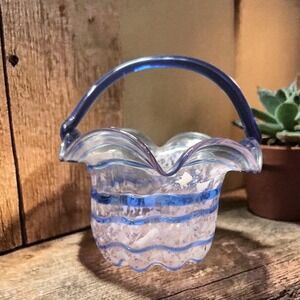 Hand Blown Art Glass Basket, Vintage Cobalt Blue Spiral & White Splatter Design